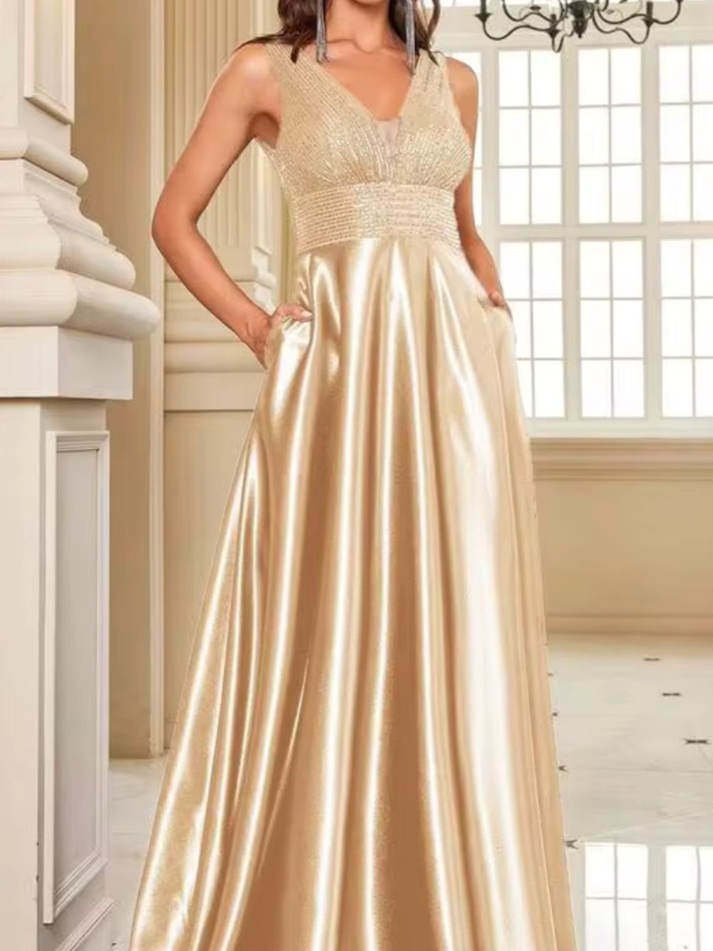 Elegant Gold V-Neck Evening Gown